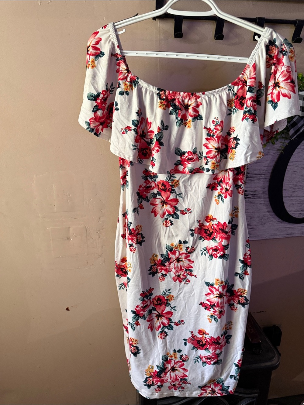 Off-Shoulder White Floral Sundress with Pink Blooms